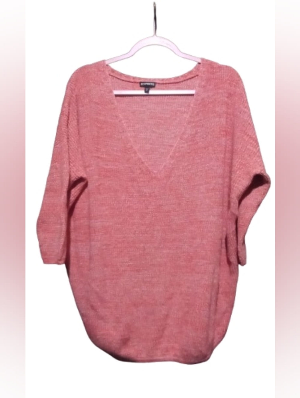 Express Women's Coral-Pink V-Neck Knit Sweater